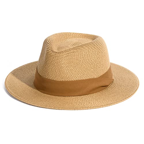 FURTALK Womens Mens Wide Brim Straw Panama Hat Fedora Summer Beach Sun Hat - color: Brown, size: Medium-Large