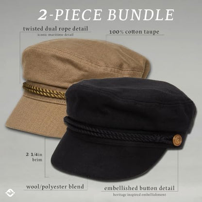 Funky Junque Greek Fisherman Newsboy Cap, Cotton Captains Bakerboy Hat - color: 2 Pack - Taupe & Wool - Black