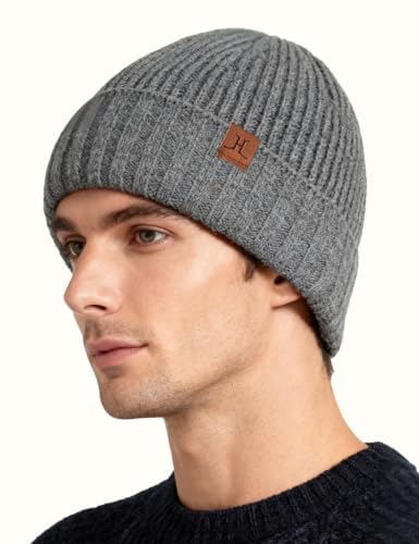 Winter Beanies Hats for Men, Knit Fleece Beanie Skull Caps, Mens Toboggans Ribbed Cuffed Stocking Hat - color: Light Gray