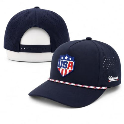 Patriotic Golf Rope Hat for Men, 5 Panel Adjustable Snapback Outdoor Cap - color: Navy Blue