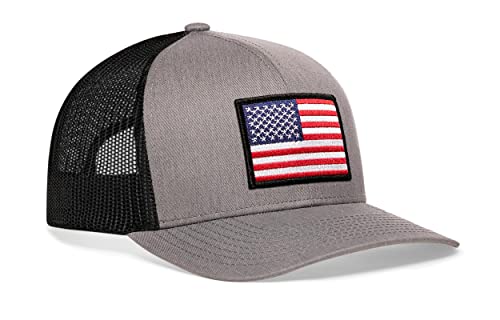 HAKA American Flag Hat | USA Mesh Trucker Snapback Comfort Baseball Cap - color: Gray & Black, style: American Flag