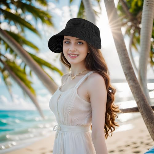 Straw Sun Visors Womens, Ponytail Beach Straw Visor, Packable Summer Sun Hats for Women Travel - color: Black