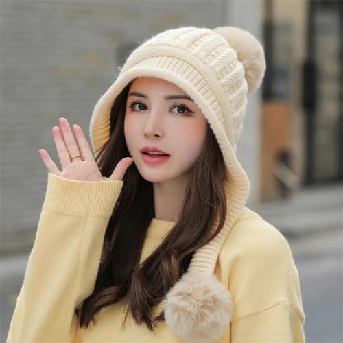 HUAMULAN Women Winter Knit Beanie Hat Circle Scarf Set Pompoms Ear Flaps - color: Beige Solid