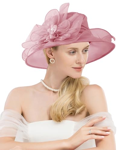 Women Organza Kentucky Hat Fascinator Tea Party Derby Hat Feather Wedding Church Head Ornament Sun Hats - color: 018-pink Purple