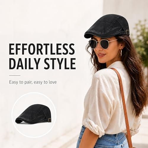 SEAUR Newsboy Hats for Women Cotton Ivy Flat Cap Adjustable Breathable Cabbie Gatsby Golf Hats Gatsby Irish Hat for Men - color: Black
