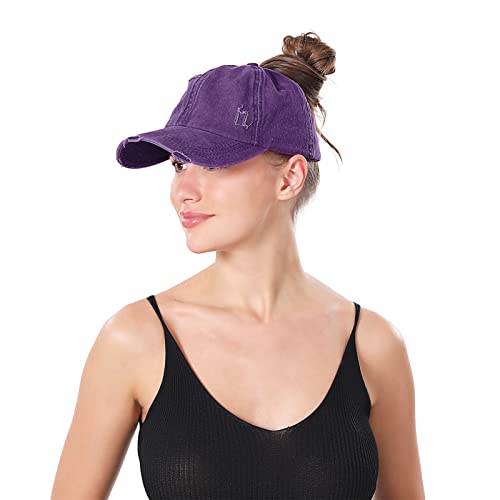 Criss Cross Ponytail Hat Women Washed Distressed Baseball Caps Adjustable High Messy Bun Ponycap - color: B - Denim Purple
