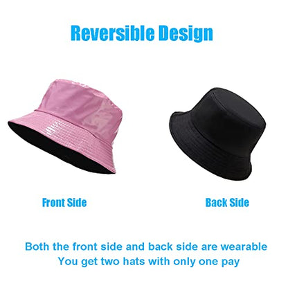 Reversible PU Leather Bucket Hats for Women Solid Color Double Wear Summer Hat Unisex - color: Taffy Pink