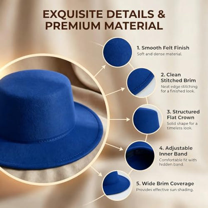 Black Flat Top Fedora Hat, Wool Blend Derby Cap Classic Formal Hat for Events & Daily Wear - color: Blue