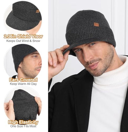 Wmcaps Men's Fleece Lined Brim Beanie, Thermal Winter Visor Hat Outdoor Cap - color: Gray