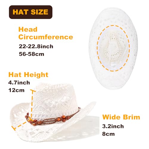 AQOKKA Straw Cowboy Hats for Women Men Western Cowgirl Hats with Shapeable Brim Woven Hollow Out Unisex Beach Roll Up Caps - color: Brown Beads Cowboy Hat : White