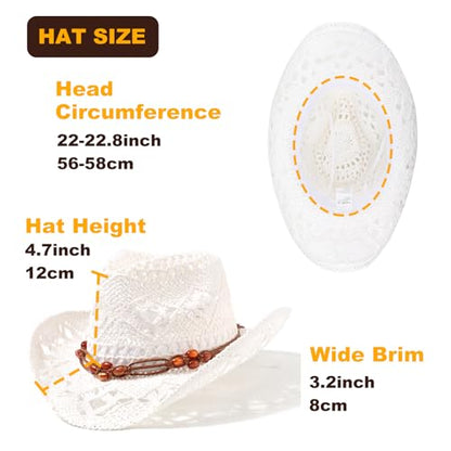 AQOKKA Straw Cowboy Hats for Women Men Western Cowgirl Hats with Shapeable Brim Woven Hollow Out Unisex Beach Roll Up Caps - color: Brown Beads Cowboy Hat : White