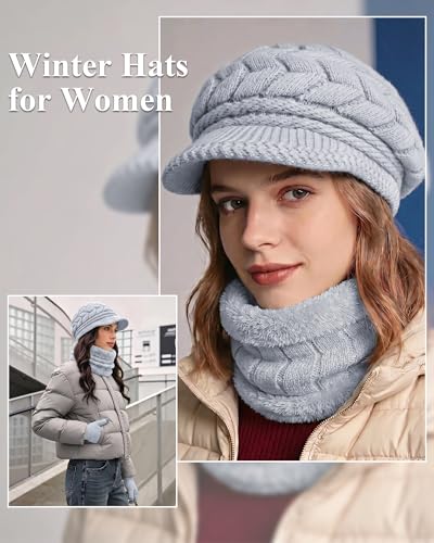 Loritta 3 in 1 Womens Winter Hat Gloves Scarf Set, Warm Hat Mittens - color: Grey