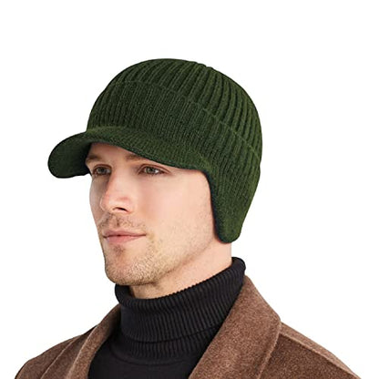 Men's Winter Hat with Brim, Warm Earflaps Hat for Men, Thick Fleece Lined Knit Winter Beanie Outdoor - color: Army Green