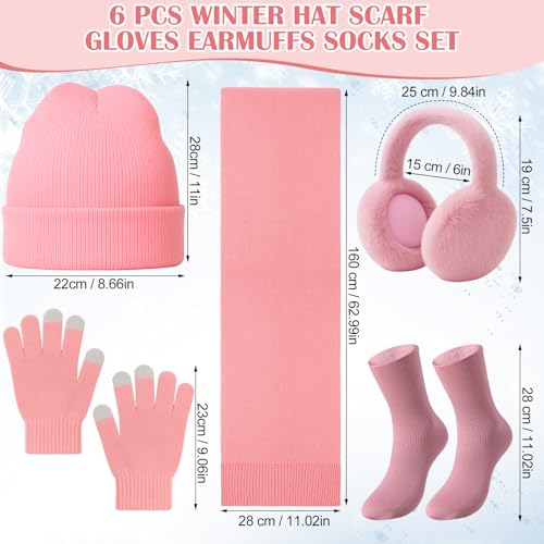 Geyoga 6 Pcs Winter Knit Set with Knit Beanie Hat Long Scarf Touchscreen Gloves Foldable Earmuff Fleece Socks for Women - color: Pink, style: Trendy Style