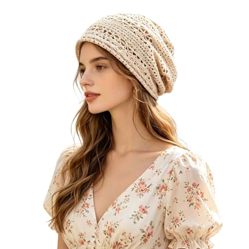 Women's Sparkly Lace Beanie Hat for Women, Lightweight Breathable Knit Skull Cap,Fashion Slouchy Beanie - color: Light Khaki 004