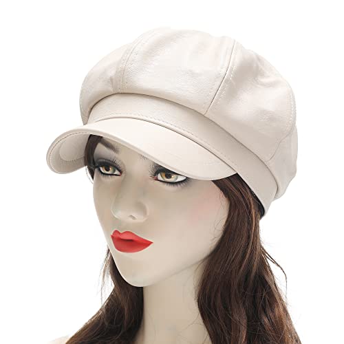 ZLYC Womens PU Leather Newsboy Caps Gatsby Cabbie Hat for Girls - color: Cream White, size: Medium