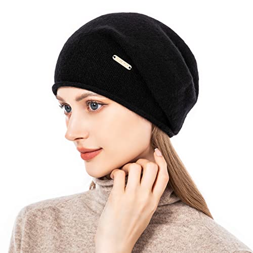 Knit Slouchy Beanie Hats for Women Cashmere Ski Cap Knitted Wool Soft Warm Winter Hat - color: A02-black