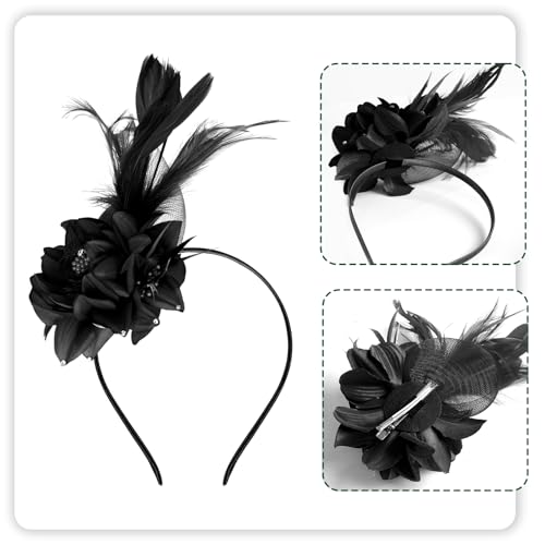 Pistha Fascinators Hats for Women, Fascinators Headband Pearl Mesh Feather Headpiece for Wedding Cocktail Tea Party Accessory - color: Black
