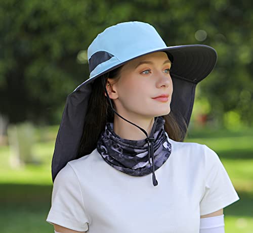 HUAMULAN Women Men Wide Brim Sun Hat Hiking Fishing Hats with Neck Flap - color: Hyp011-blue