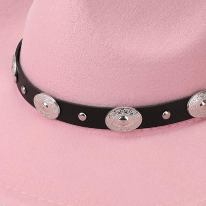 DRESHOW Women Men Classic Felt Wide Brim Western Cowboy & Cowgirl Cap Belt Buckle Retro Panama Hat Unisex Rolled up Caps - color: 1 Pack Style 1: Pink (Hat Circumference: 22-22.8")