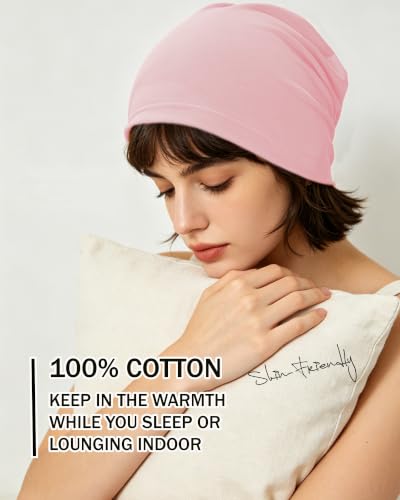 ROYBENS 100% Cotton Thin Slouchy Beanie Hat Women Men Lightweight Chemo Cap - color: 2pcs Black+pink