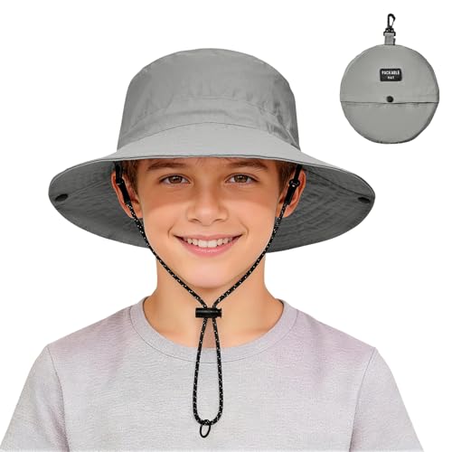 Zando Packable Kids Sun Hat UPF 50+ Girls Boys Beach Bucket Hat Summer - color: Grey, size: 8-12 Years