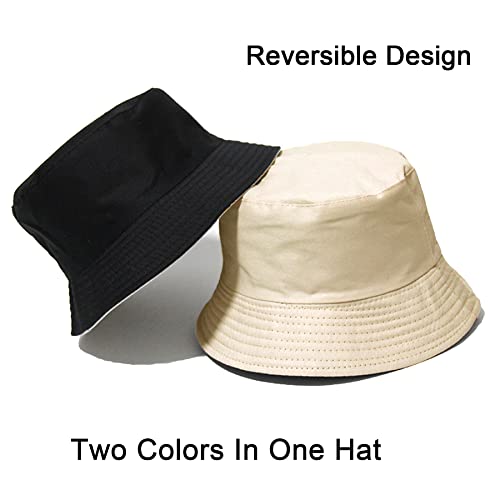 PFFY Reversible Bucket Hat for Women Men Cotton Sun Beach Fishing Cap - color: Black/Beige (Reversible)