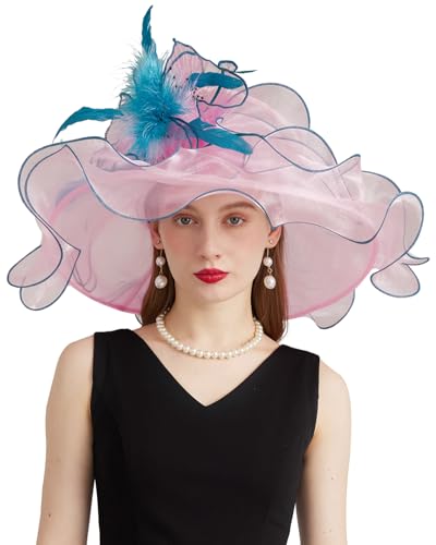Women Derby Fascinator Hat Organza Church Wedding Hats Wide Brim Cocktail Tea Party Hat - color: 36pink Blue