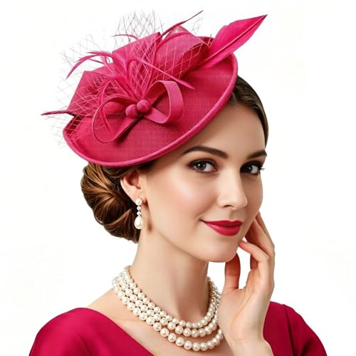 Kentucky Fascinators Derby Hats for Women, Vintage Tea Party Hat for Stylish Church Wedding Cocktail Party Headwear Props - color: Rose Red
