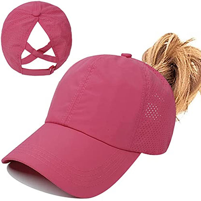 Womens Ponytail Hat Baseball Cap, Adjustable Criss Cross Baseball Cap High Bun Unisex Quick Drying Trucker Hats - color: Zrose Red