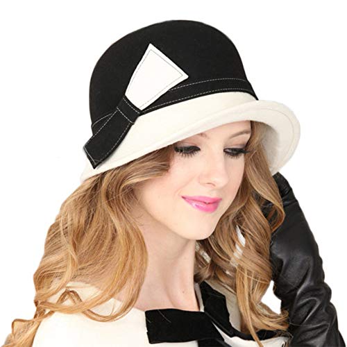 Women's Wool Cloche Hat Wide Brim Winter Bowler Fedora with Bow for Church Wedding Formal Outfits