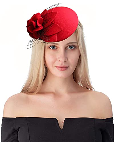 Women's Vintage 100% Wool Felt Cloche Bucket Bowler Hat Winter Vintage Bow Fedoras Church Fascinator - color: 02-red