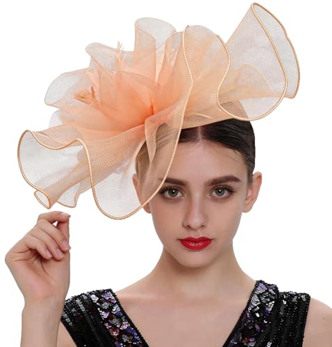 Women's Fascinators Hat for Women Tea Party Headband Wedding Cocktail Flower Mesh Feathers Hair Clip - color: 01 Peach