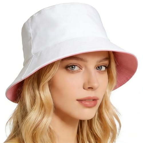 Bucket Hat for Men and Women 2-in-1 Reversible Sun Protection Fashion Flat Top Cap for Fishing Travel Beach Sports - color: Pink-white