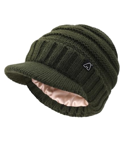 Hat Hut Beanie Hats for Women Men Satin Lined Winter Hats for Women Slouchy Beanies Satin Lined Beanie with Brim Visor - color: Olive Green