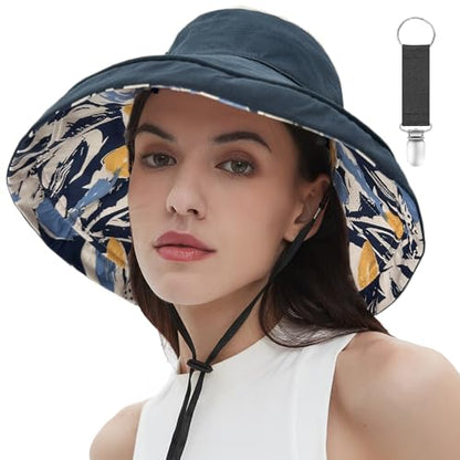 vidsel Womens Sun Hats Wide Brim Reversible Bucket Cotton Hat with Hat Clip - color: Navy Blue2, size: Medium