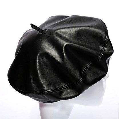Women Soft PU Leather Beret French Style Artist Painter Hat with Top Stem - color: Black01