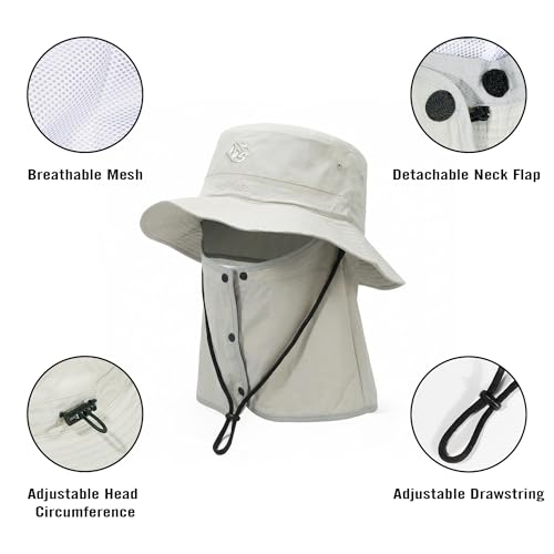 Bucket Hat for Men Women,Waterproof Sun Hat UV Protection with Detachable Face Neck Flap for Outdoors - color: Grey