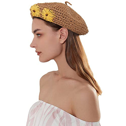 Straw Beret Summer French Beret Hats for Women Artist Crochet Beret - color: Khaki Flower