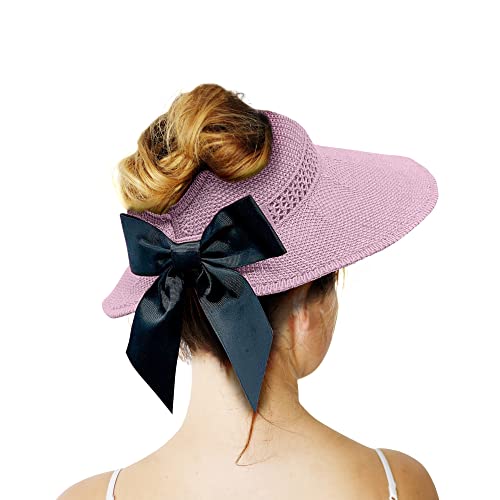 Straw Sun Visor for Women, Wide Brim UPF 50+ Protection Beach Hat, Adjustable, Roll Up Foldable Ponytail Cap with Chin Strap - color: A Light Pink