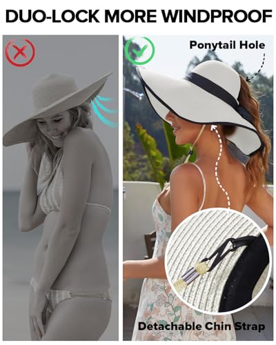 Sun Beach Hats for Women with Ponytail Hole, Floppy Wide Brim Beach Hat, Straw Summer Packable Sunhat Foldable Sun Protection - color: White, size: Large