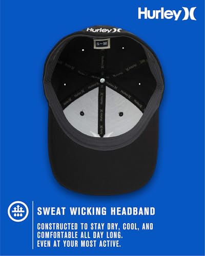 Hurley Mens Baseball Cap Curved Brim Moisture Wicking Flexfit Fitted Hats - color: Black/White, size: Large-X-Large