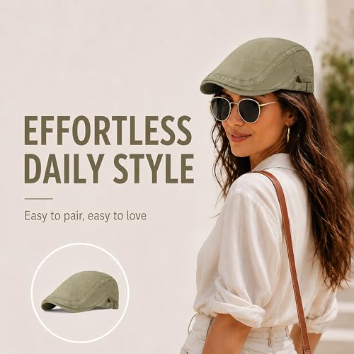 SEAUR Newsboy Hats for Women Cotton Ivy Flat Cap Adjustable Breathable Cabbie Gatsby Golf Hats Gatsby Irish Hat for Men - color: Olive Green