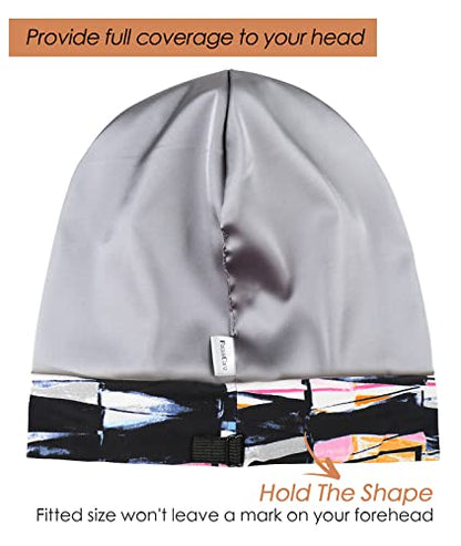 Adjustable Satin Lined Sleep Cap for Dreadlocks Curly Hair Large Head-Stay On Overnight - color: Beige Purple