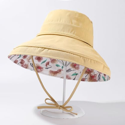 HUAMULAN Women Wide Brim Reversible Sun Hat Summer Beach Fishing Bucket - color: Yellow Floral