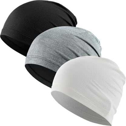 WTACTFUL 3-Pack Breathable Cooling Skull Cap for Men Women Thin Beanie - color: Black+white+linen Gray