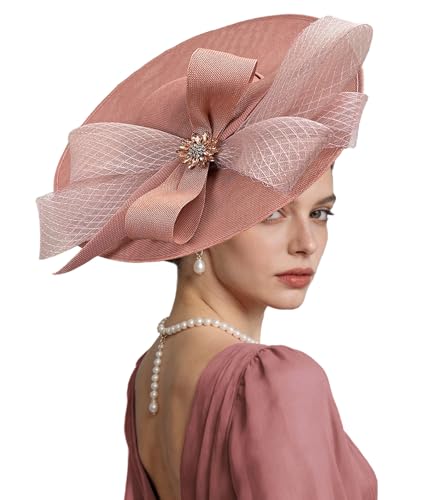 Kgromfy Women's Wide Brim Fascinator Hat Tea Party Headband Large Vintage Church Hat Lady Headwear for Derby Wedding Cocktail - color: Pink