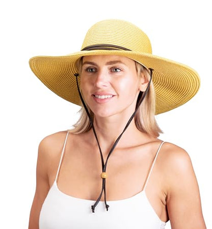 Sloggers Women's Wide Brim Braided Sun Hat with Wind Lanyard - UPF 50+ Maximum Sun Protection - color: Light Brown