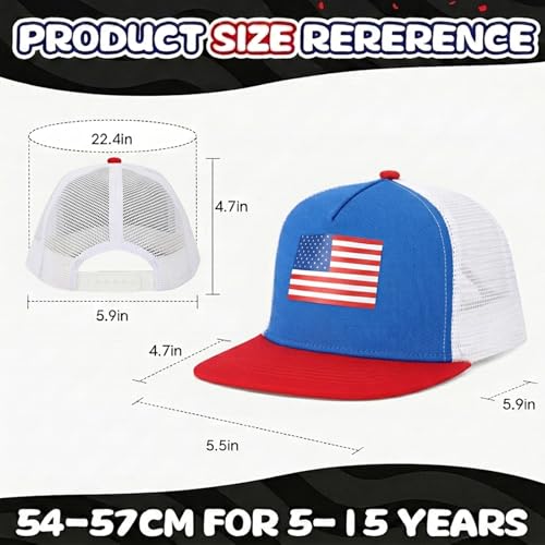 BROMZ Kids Youth American Flag Trucker Hat Flat Bill, Breathable Mesh Back Snapback Baseball Cap for Boys Girls 5-15 Years - color: Blue/Red/Us Flag