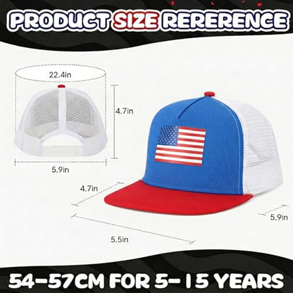 BROMZ Kids Youth American Flag Trucker Hat Flat Bill, Breathable Mesh Back Snapback Baseball Cap for Boys Girls 5-15 Years - color: Blue/Red/Us Flag